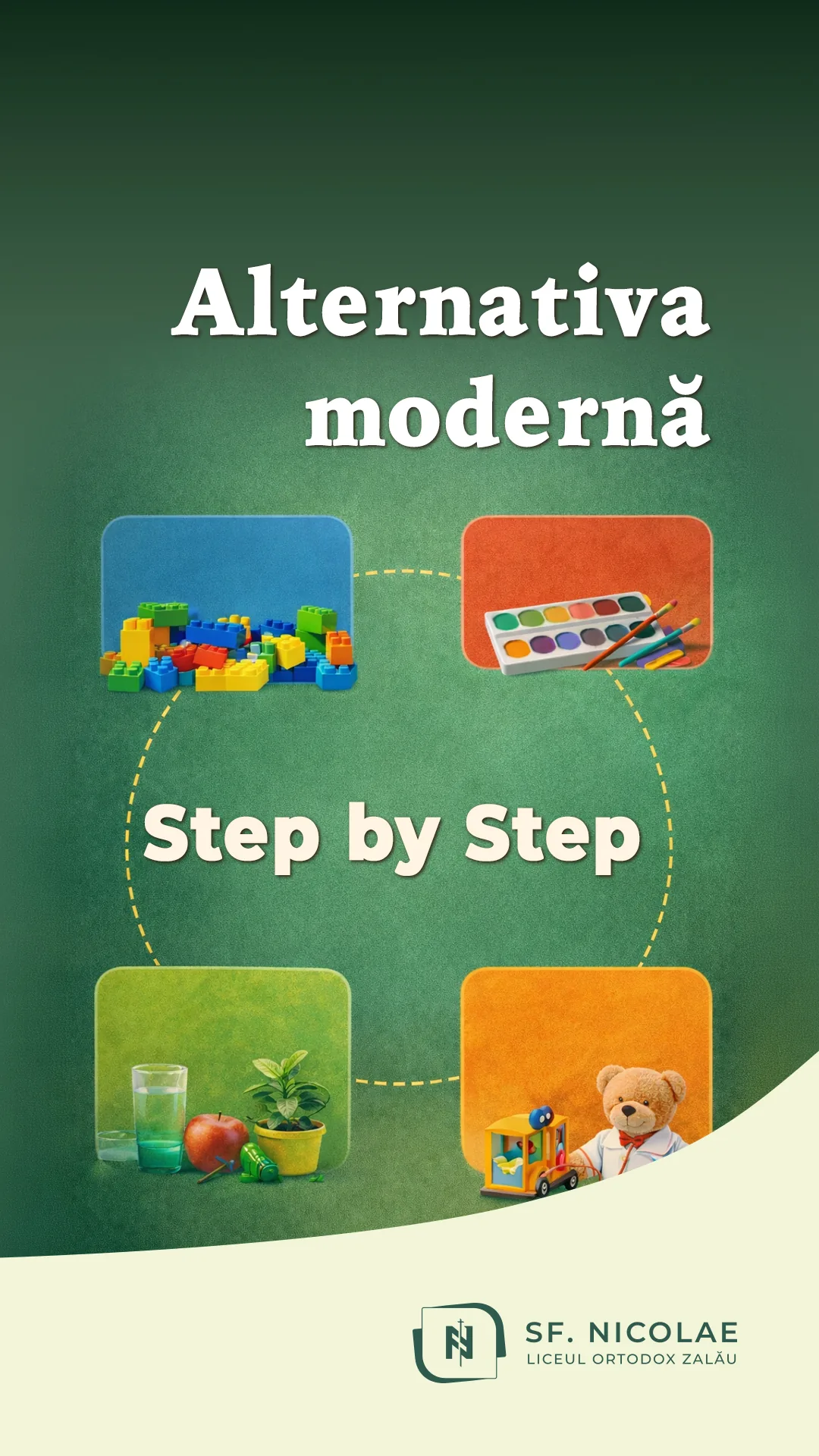 Coperta filmului „Step by Step, alternativa modernă” din campania de admitere a Liceului Ortodox, cu sigla școlii.