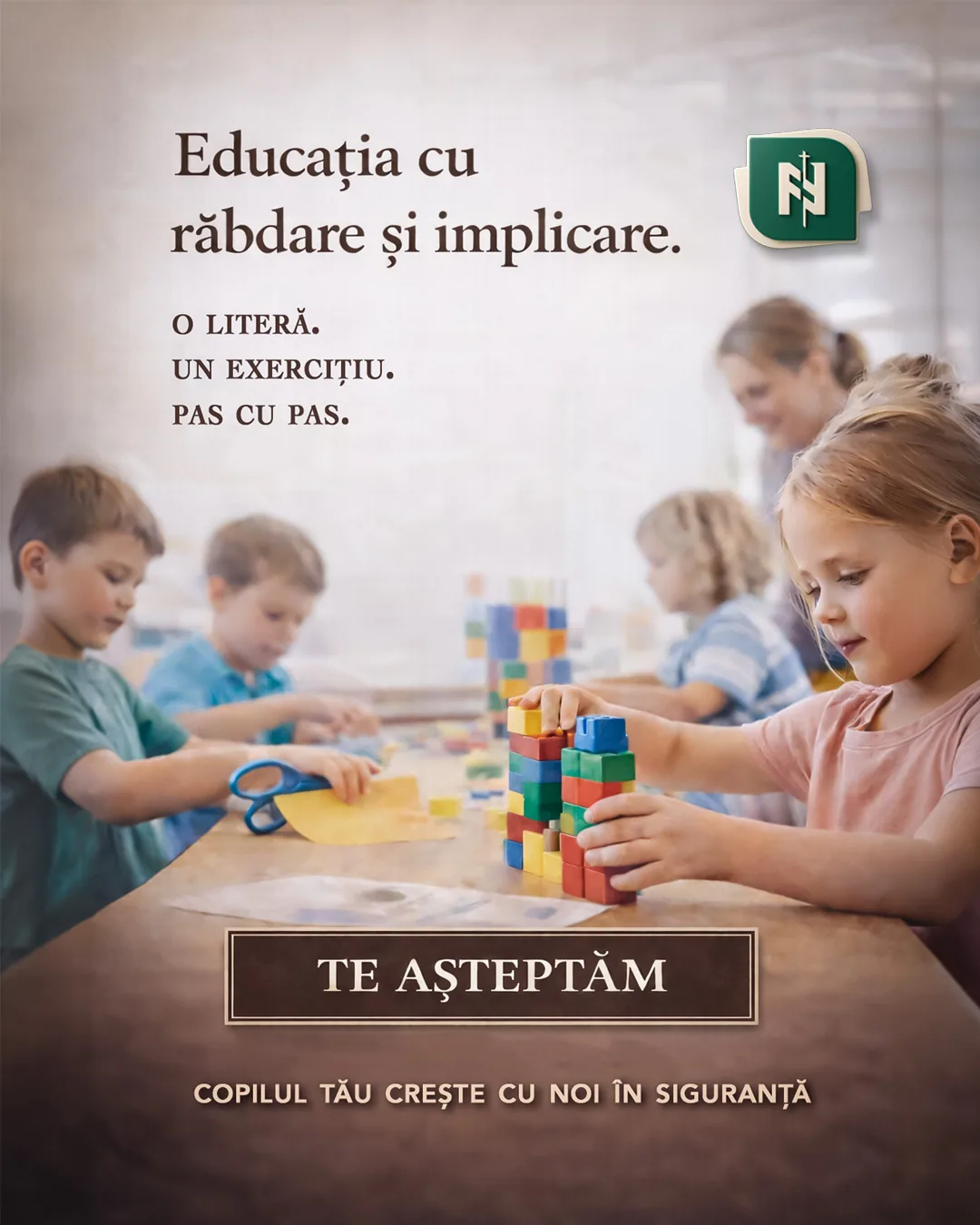Postarea „Educație cu răbdare și implicare” din campania de admitere a Liceului Ortodox.