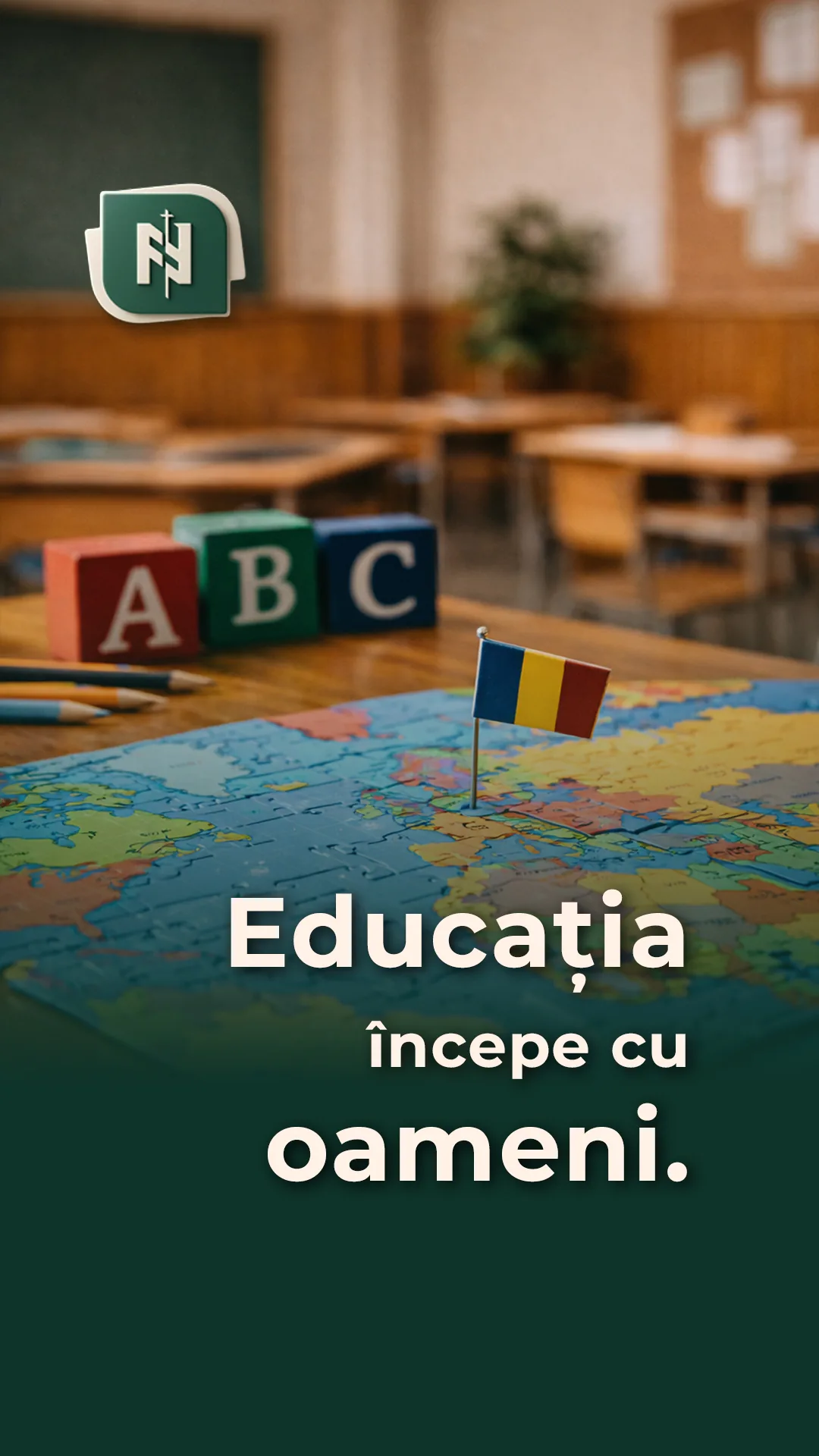 Coperta filmului „Educația începe cu oameni” din campania de admitere a Liceului Ortodox, cu sigla școlii.