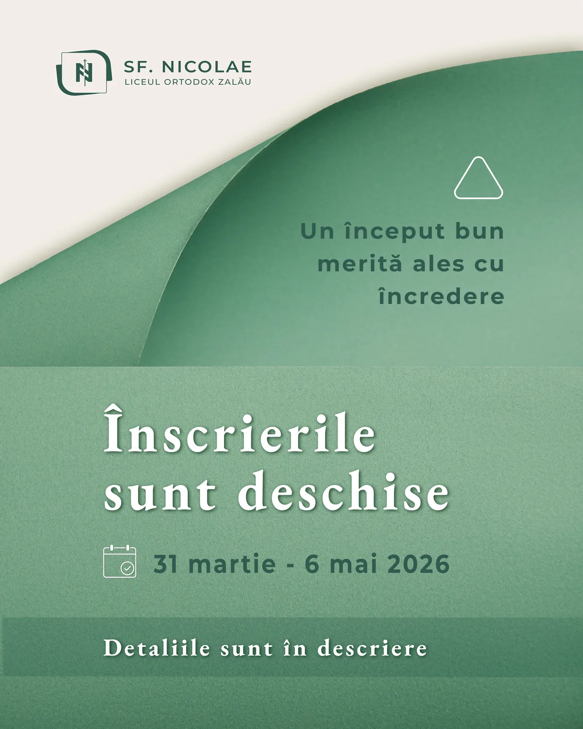Postare cu un copil cu ghiozdan care deschide o ușă luminată, cu textul Înscrierile sunt deschise.