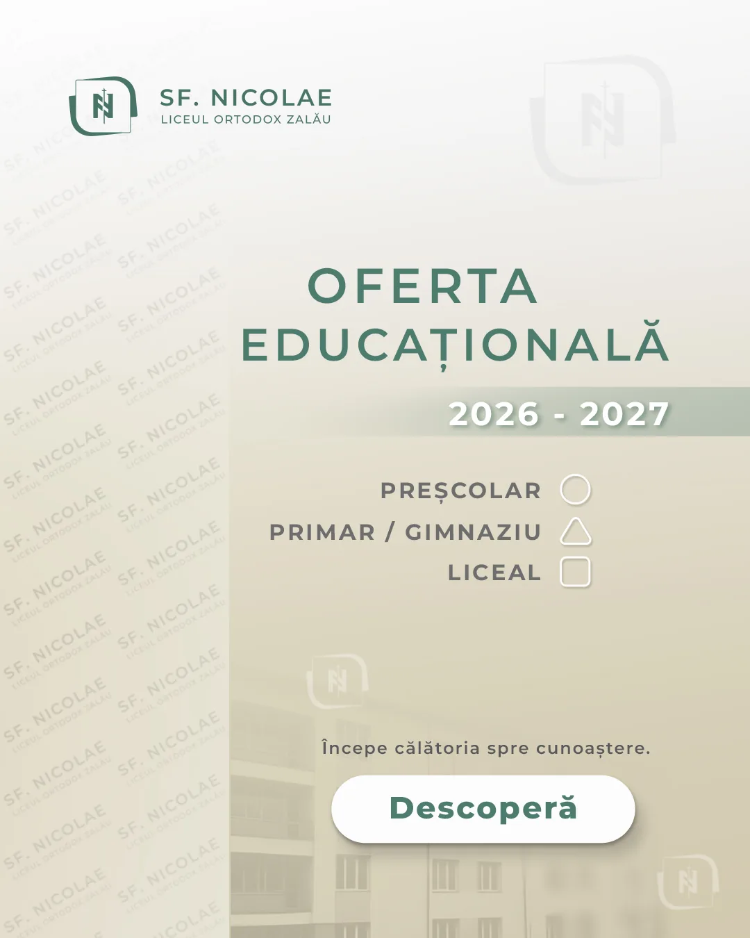 Postare Oferta educațională 2026-2027 a liceului, pentru preșcolar, primar, gimnaziu și liceal.