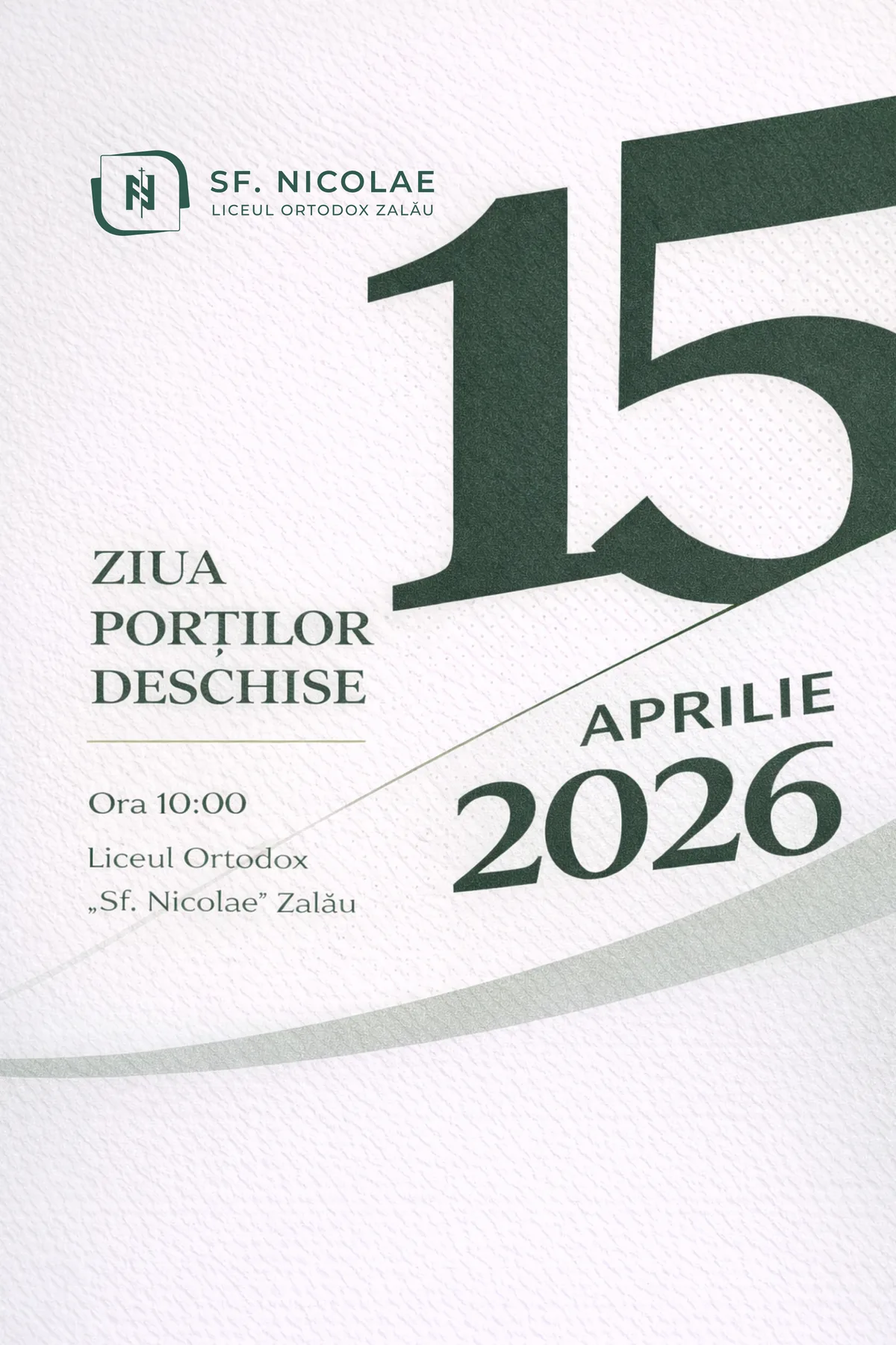Șablon de eveniment alb cu cifra 15 mare și textul Ziua Porților Deschise, aprilie 2026.