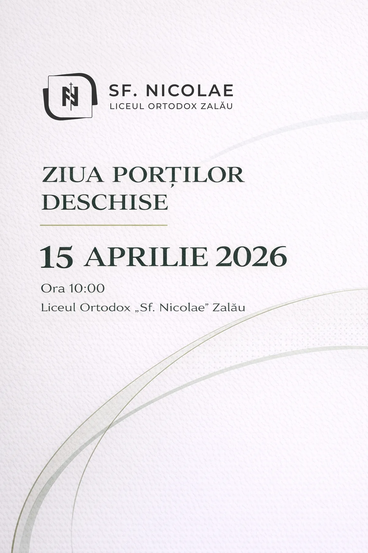 Șablon de eveniment minimal, pe alb, cu data și ora Zilei Porților Deschise.