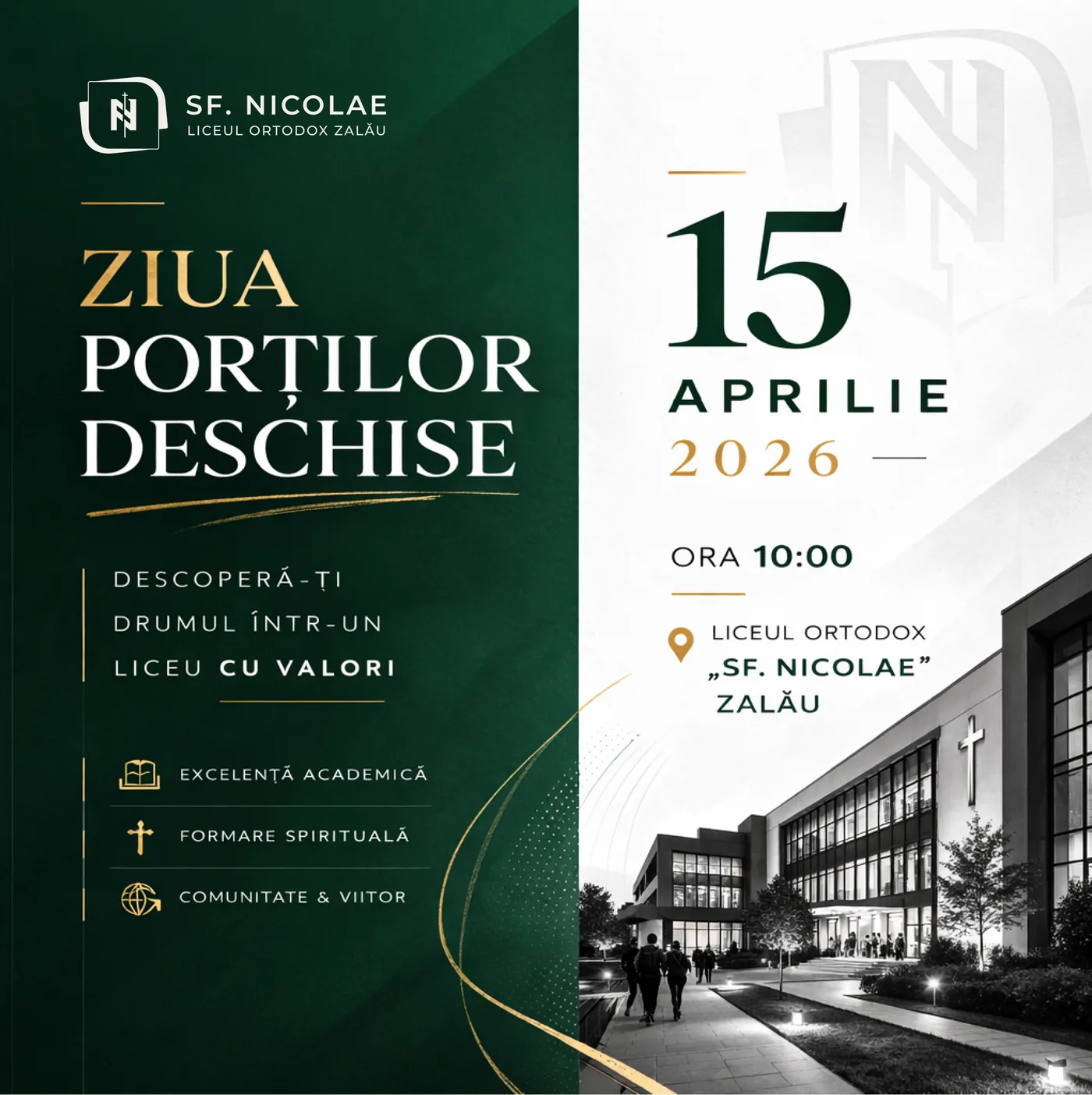 Șablon de eveniment pe două coloane: Ziua Porților Deschise, 15 aprilie 2026, ora 10:00, cu imaginea clădirii.