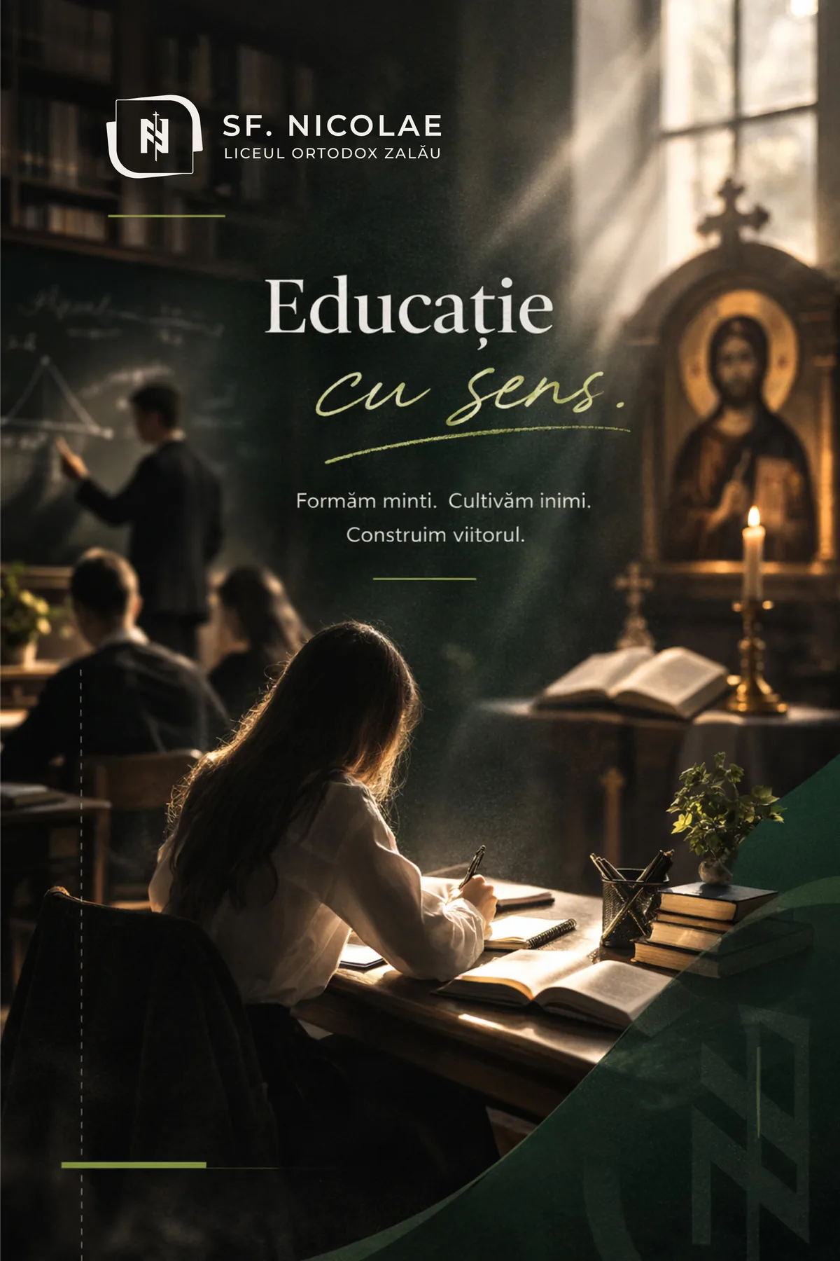 Șablon de poveste cu elevi care învață într-o bibliotecă, sub o icoană, cu textul Educație cu sens.