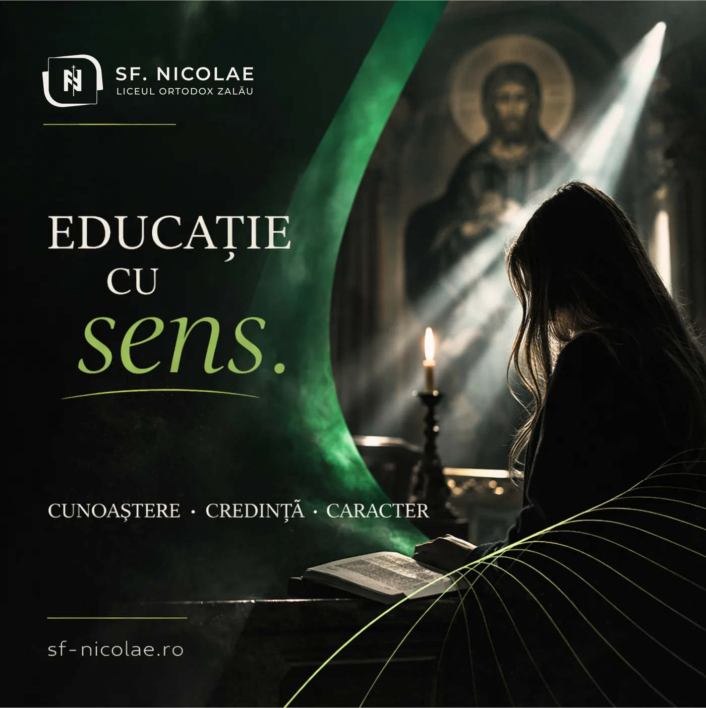 Șablon de poveste: Educație cu sens, cu o elevă care citește la lumina lumânării lângă o icoană.