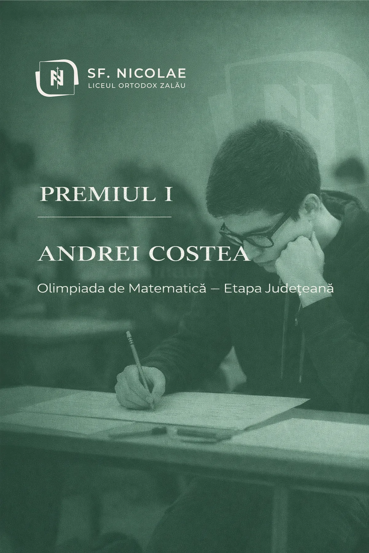 Șablon de postare pentru premii, pe verde: Premiul I, Olimpiada de Matematică, etapa județeană.