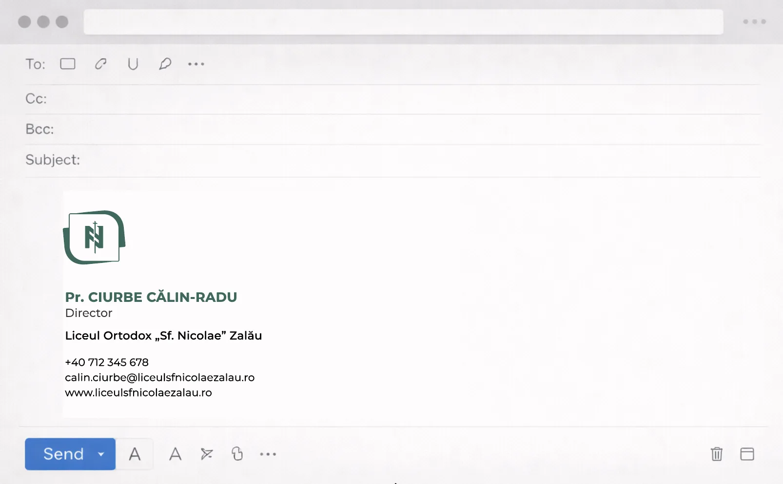 Semnătura de email a liceului, cu sigla, numele, funcția și datele de contact.