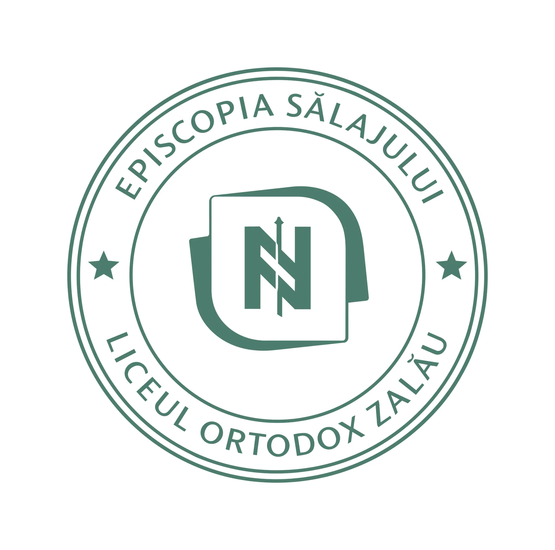 Modelul ștampilei Episcopiei Sălajului pentru Liceul Ortodox Zalău, cu monograma în centru, pe fundal alb.