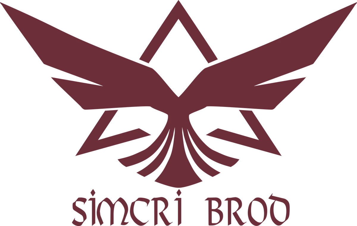 Sigla SimcriBrod: o pasăre cu aripile deschise sub un triunghi, cu numele Simcri Brod dedesubt, în grena.